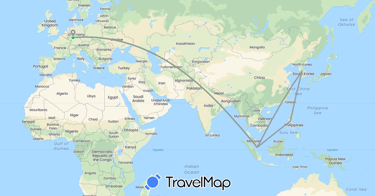 TravelMap itinerary: bus, plane in Germany, South Korea, Philippines, Singapore (Asia, Europe)
